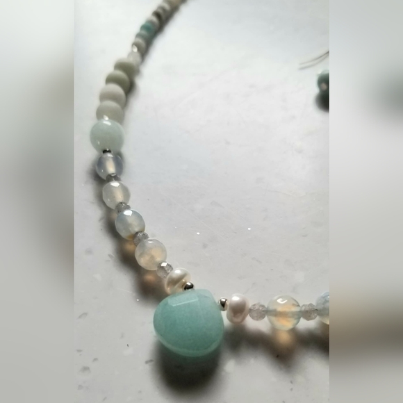 "The Sea Goddess" Aqua Blue Chalcedony & Gemstones Necklace & Earrings Set - Picture 3 of 7